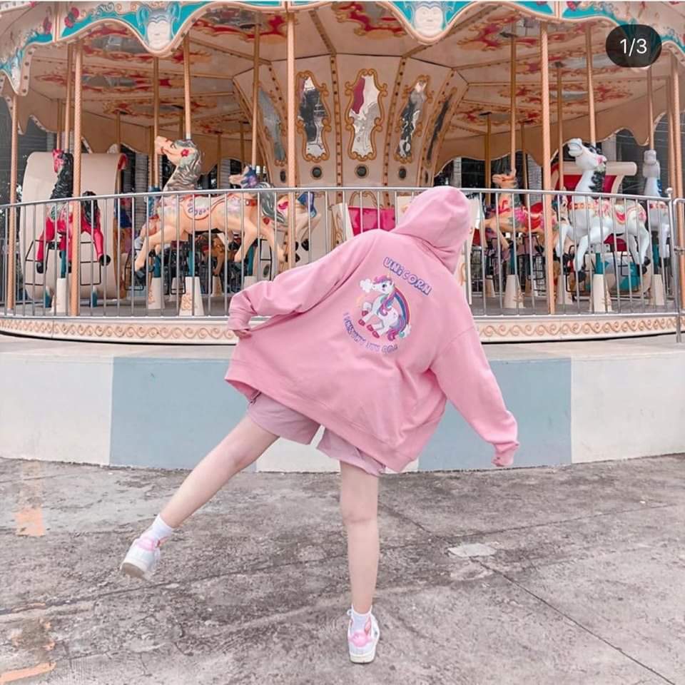 Áo hoodie, áo khoác nỉ Nữ màu hồng In Kì Lân dễ thương Cá tính Thời Trang hot