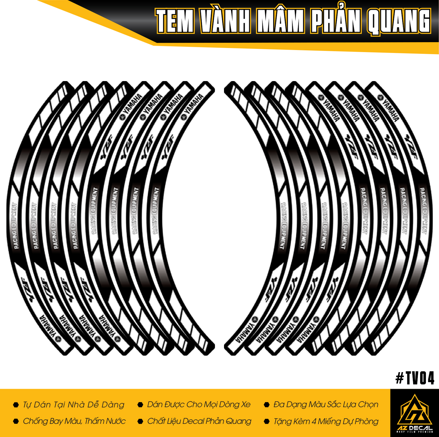 Tem Dán Vành Xe Phản Quang Yamaha YZF | TV04 | Decal Dán Mâm Xe Chống Nước, Bền Màu, Dễ Sử Dụng, Bộ Dán Đủ 2 Vành Xe | Azdecal