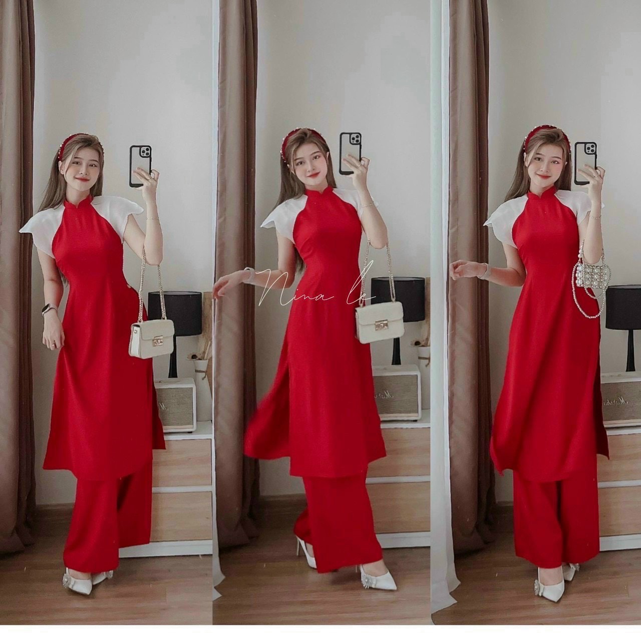 Set áo dài cách tân hiện đại xinh xắn, Set áo dài cổ trụ tay ngắn phối đi chúc tết, đi chơi sang xịn, Set mix quần dài suông ống rộng hack dáng, Áo dài đỏ cho nữ chất lụa cao cấp
