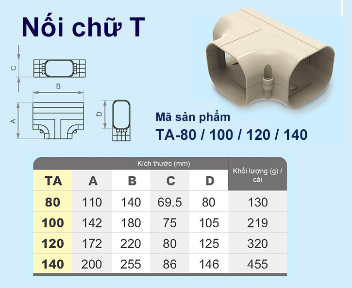 Trunking Nhựa Fineduct Nối Chữ T Màu Ngà TA - 80/100/120/140 - Hàng nhập khẩu chính hãng