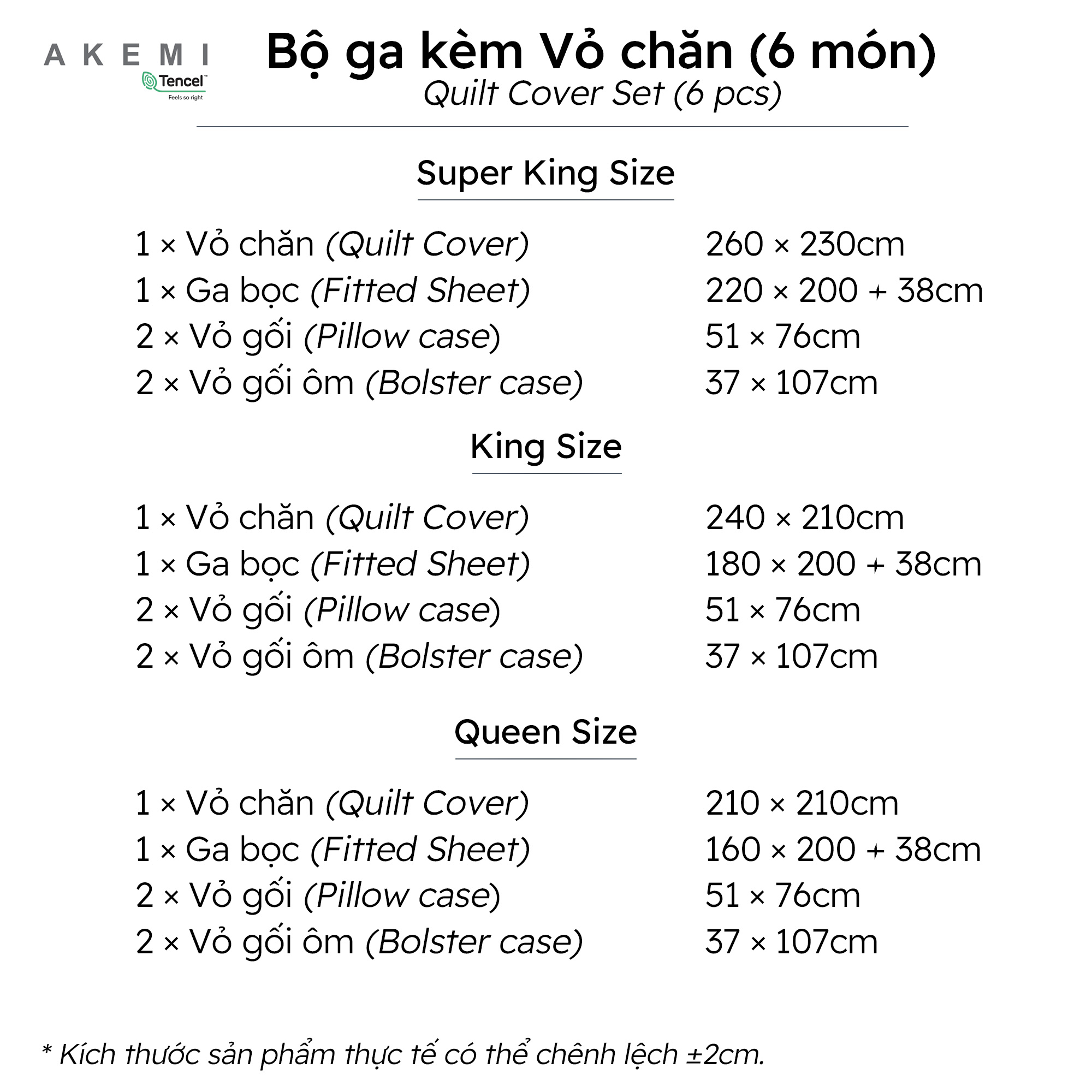 Bộ Ga kèm Vỏ Chăn Akemi Tencel Virtuous v2, gồm 6 món (Super King / King / Queen)