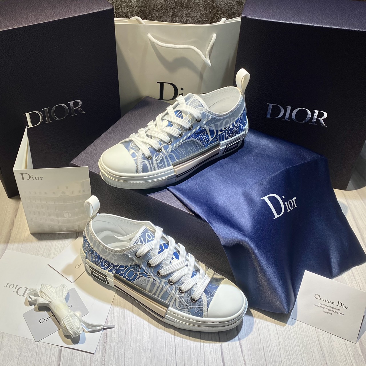B27 LowTop Sneaker Light Blue White and Dior Gray Smooth Calfskin with  Beige and Black Dior Oblique Jacquard  DIOR