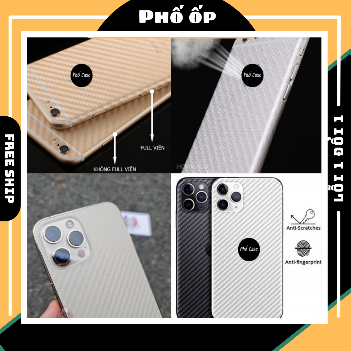 Dán mặt lưng iphone full viền vân Carbon Full mã iphone 13promax đến iphone 5