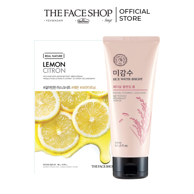 Bộ Sữa Rửa Mặt Làm Sáng Da THEFACESHOP RICE WATER BRIGHT FACIAL FOAMING CLEANSER & Mặt nạ REAL NATURE LEMON giá rẻ