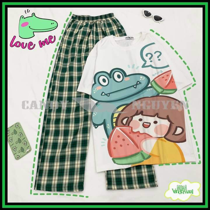 Sét Bộ Mặc Nhà Hot Trend Hàn Quốc Quần Caro Cạp Cao Ống Rộng + Áo Thun Hoạt Hình Cartoon Dễ Thương Hot Trend , Vải Coton Thoáng Mát , Phong Cách Hiện Đại Xì Teen TTSLB0130