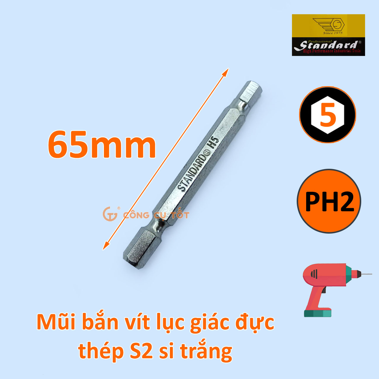 Vỉ 10 Đầu bắt vít lục giác đực Standard dài 65mm