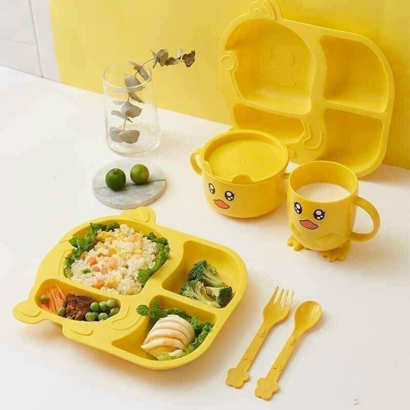 Bộ bát ăn dặmcho bé - bộ đựng đồ ăn cho bé 5 món vịt vàng