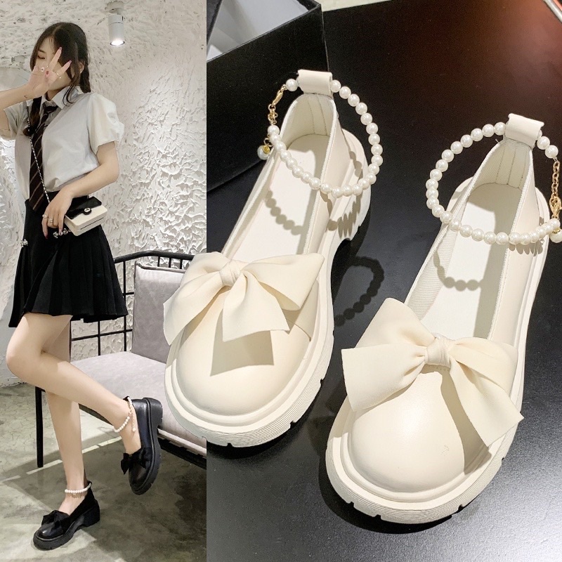 Giày ulzzang lolita phối nơ quai ngọc hai màu đen trắng, quai ngọc có thể tháo rời HÀNG CHẤT ĐẸP