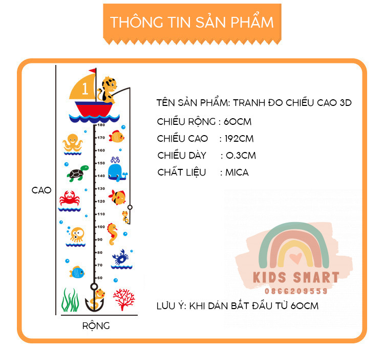 Tranh Dán Tường Mica 3D🍓🍓XẢ KHO🍓🍓Thước Đo Thước Đo Chiều Cao Cho Bé