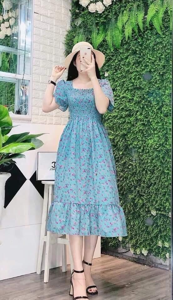 Đầm bông nhúm ngực tay phồng JapanQH315