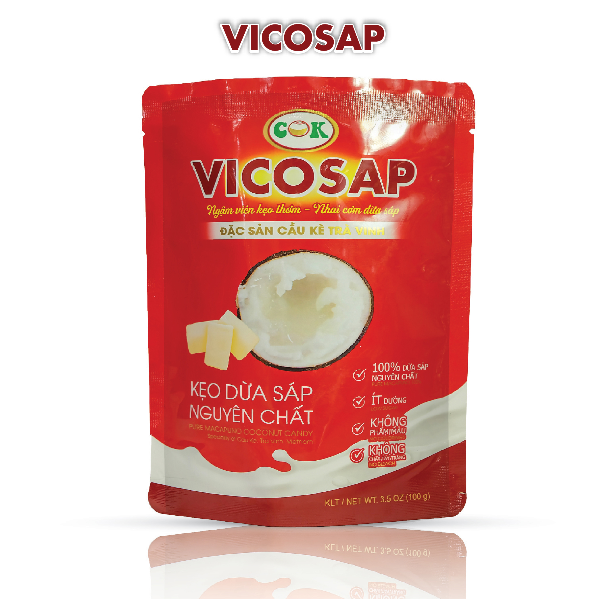 Kẹo dừa sáp nguyên chất vicosap, kẹo làm từ dừa sáp ít ngọt - túi 100gr, 500g, 1kg - đặc sản trà vinh-vicosap