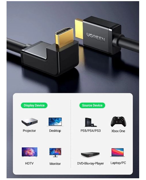 Cáp HDMI 1m bẻ góc xuống 90 độ Ugreen 10172, Hàng chính hãng - ZAMACO AUDIO