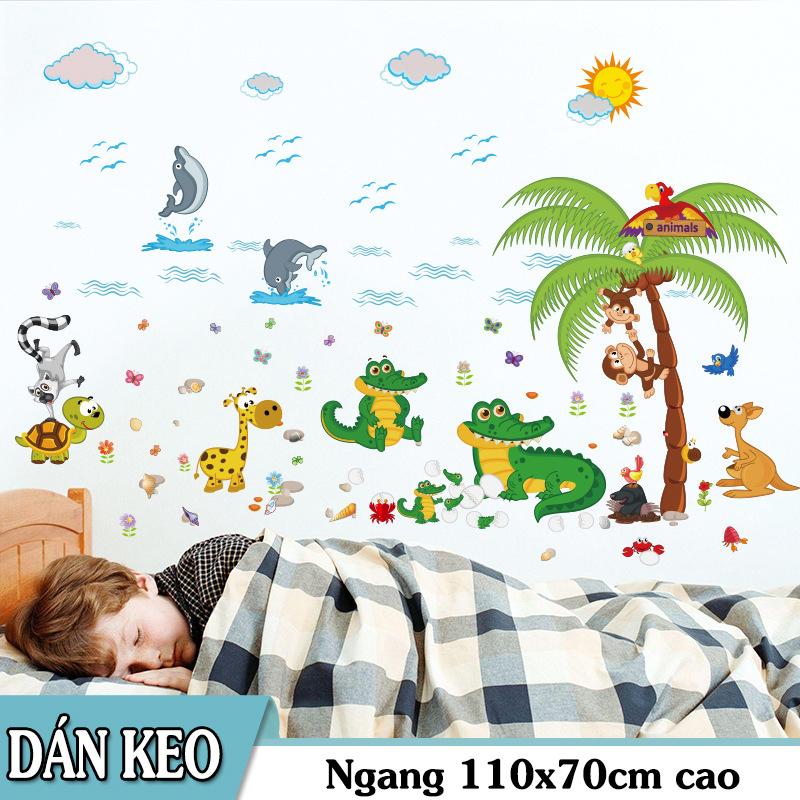 Decal trang trí tường - mẫu cá sấu bãi biển vui chơi