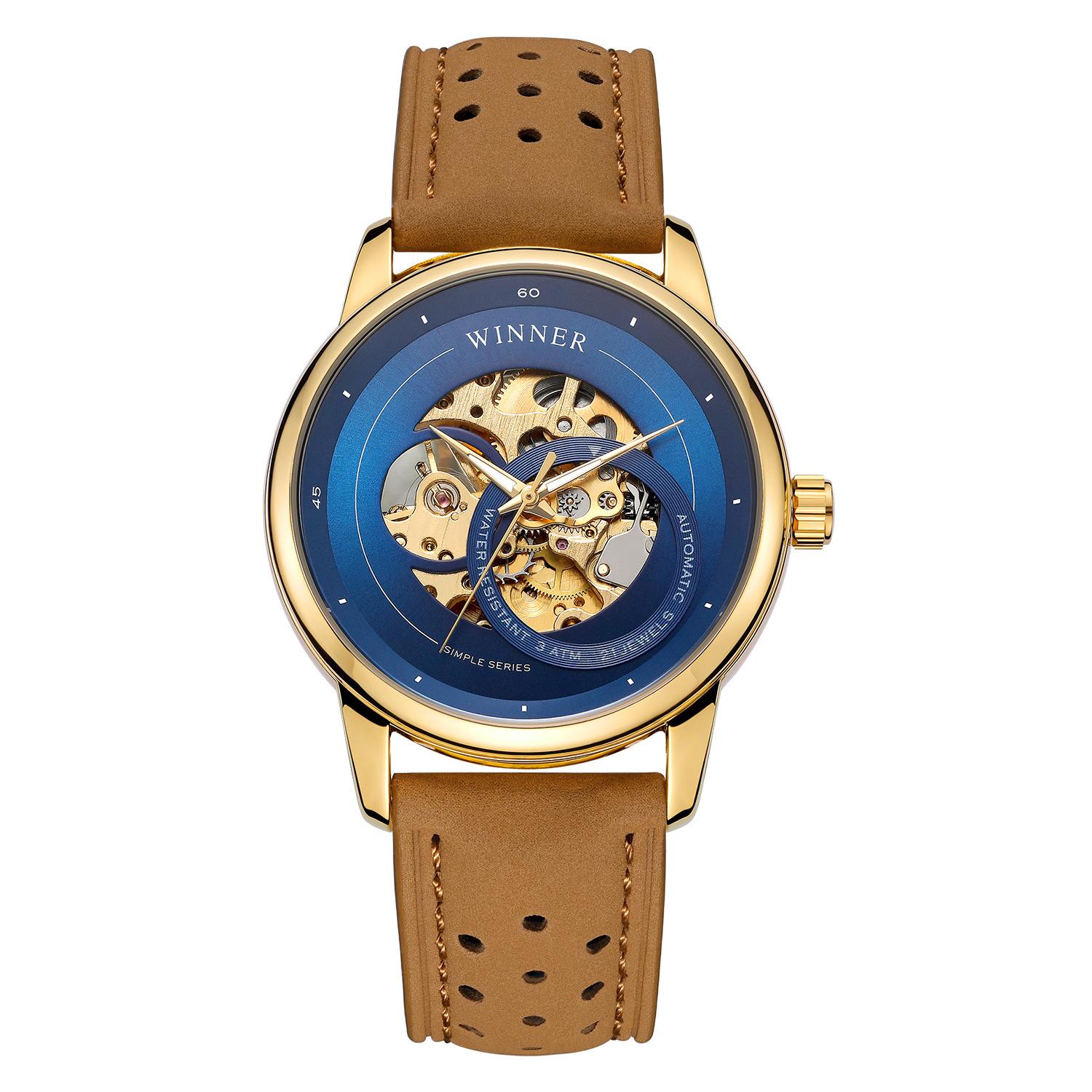 Đồng hồ cơ nam Winner TM339G lộ máy (Mặt xanh dây nâu)
