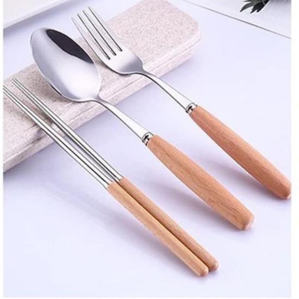 Bộ Đũa, Thìa, Dĩa Inox Cán Gỗ Hộp Đựng Lúa Mạch