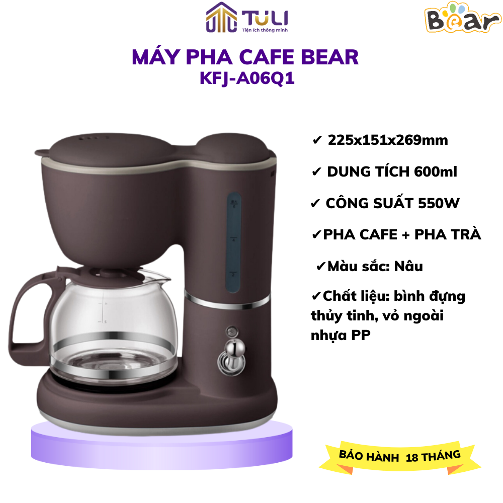 Máy pha cà phê mini tự động bear kfj-a06k1, 550w, pha trà, pha cafe cho gia đình, công sở, chính hãng, bảo hành 18 tháng