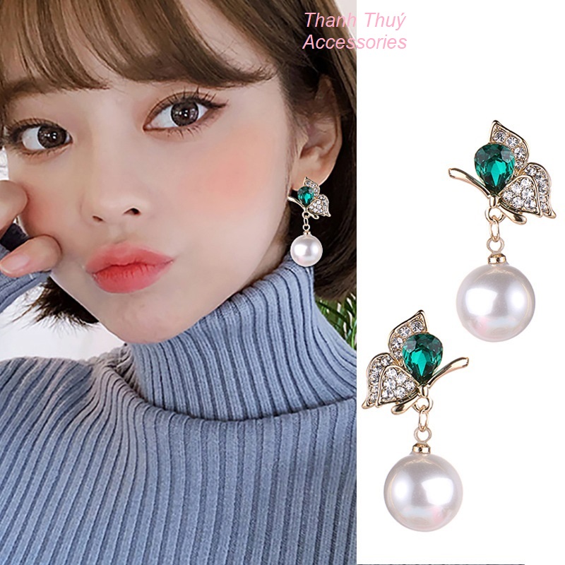 Bông tai bạc 925 ngọc trai bướm đính đá màu xanh lá