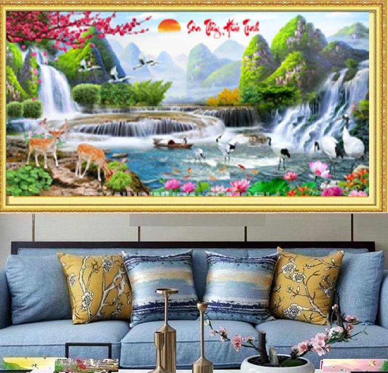 Tranh đính đá mẫu mới sơn thủy hữu tình-kt: 220x110 giá rẻ