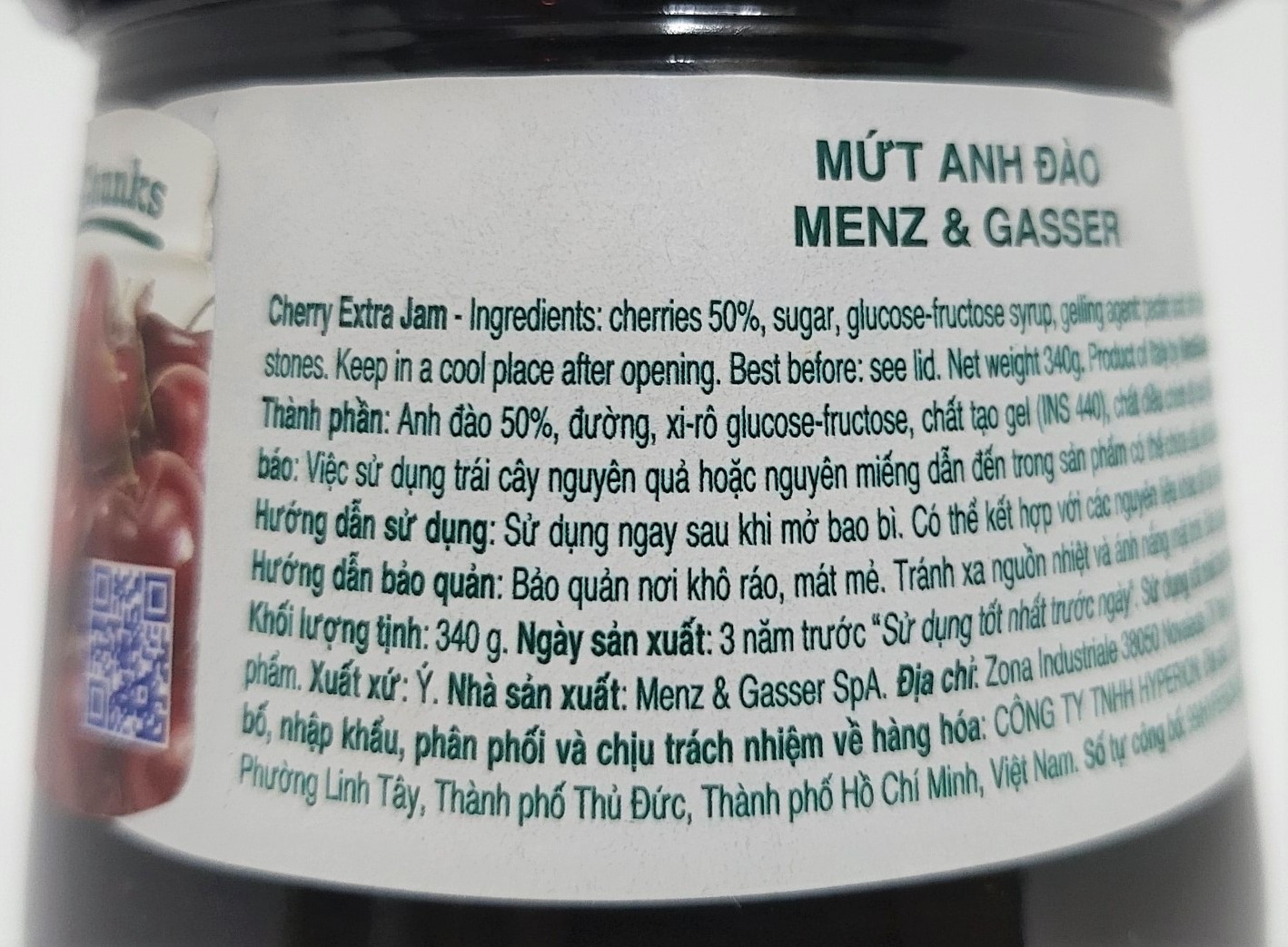 [Lọ 340g – CHERRY ] MỨT QUẢ ANH ĐÀO [Italia] MENZ & GASSER Cherry Jam