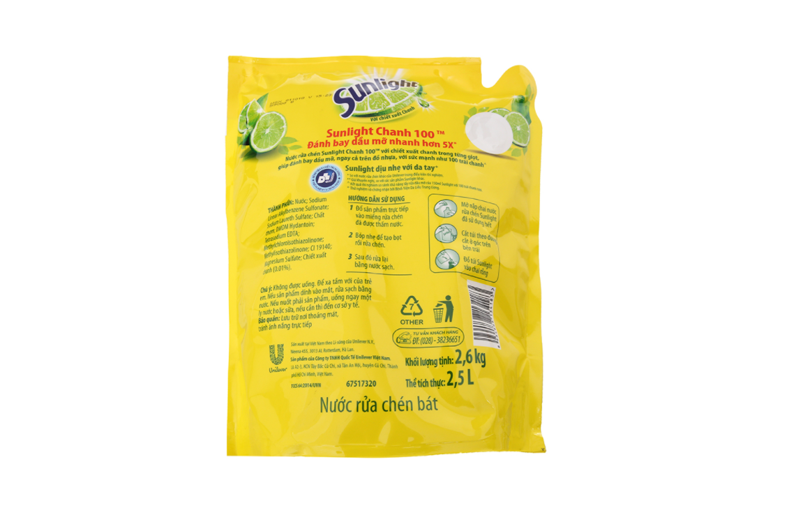 (1 THÙNG 4 TÚI) Nước rửa chén bát 2.6kg Sunlight Hương Chanh 100