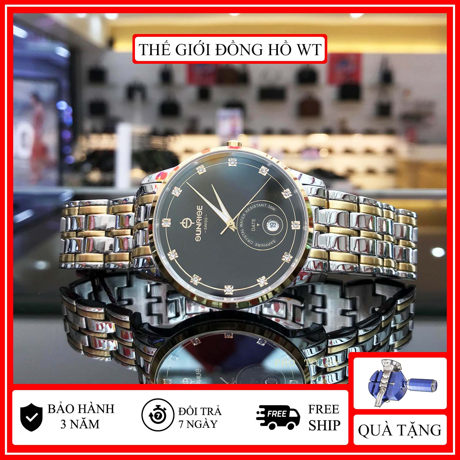 Đồng Hồ Nam Sunrise 1138SA B Hộp Sunrise, Thẻ bảo hành, Kính Sapphire chống xước , chống nước, Dây Thép Demi