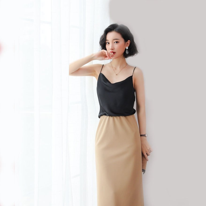 ÁO 2 DÂY LỤA CỔ TIM, ÁO HAI DÂY LỤA MẶC TRONG VEST BLAZER