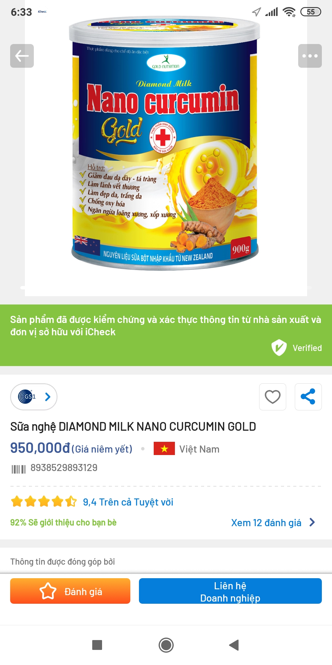 [H900gr] Sữa nghệ Nano Curcumin Gold.HSD 2027