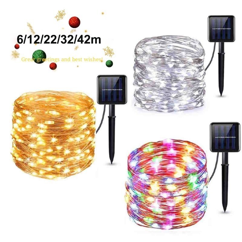 【Năm mới】 đèn Giáng sinh năng lượng mặt trời ngoài trời, dải đèn LED 42/32/22/12 / 6M, không thấm nước, phát sáng trong bóng tối đèn LED sạc lại được, 2/8 chế độ làm việc, 600/800/1200mAH