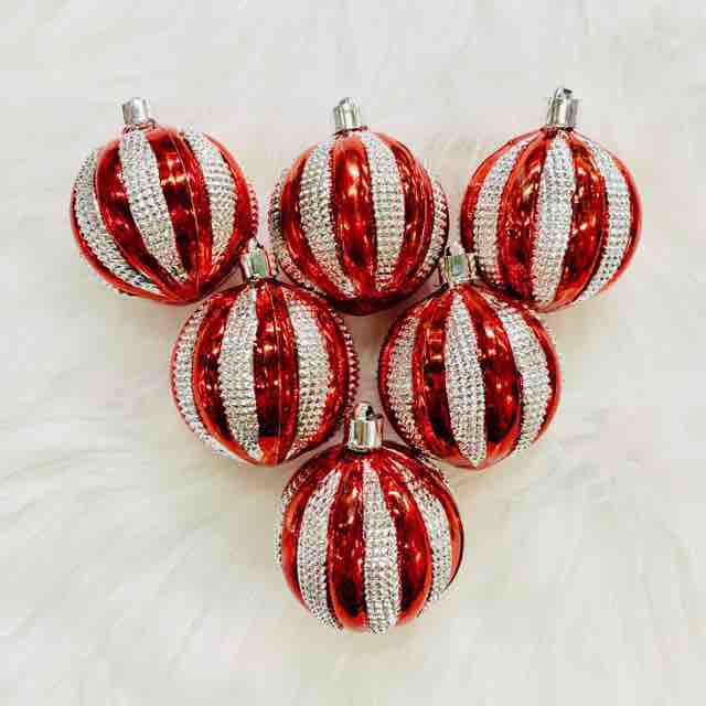 Set 6 trái châu sọc đỏ bạc 6cm trang trí noel