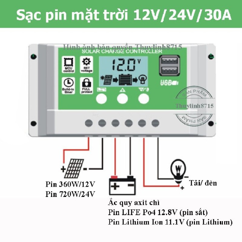 Bảng giá [Pin Lithium Ion,sạc pin life PO4] Bộ điều khiển sạc pin năng lượng mặt trời 30A 12V 24V
