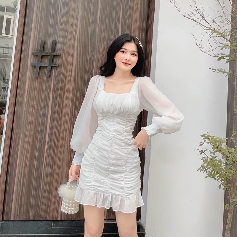 Đầm trắng tay dài, tùng nhún ms78