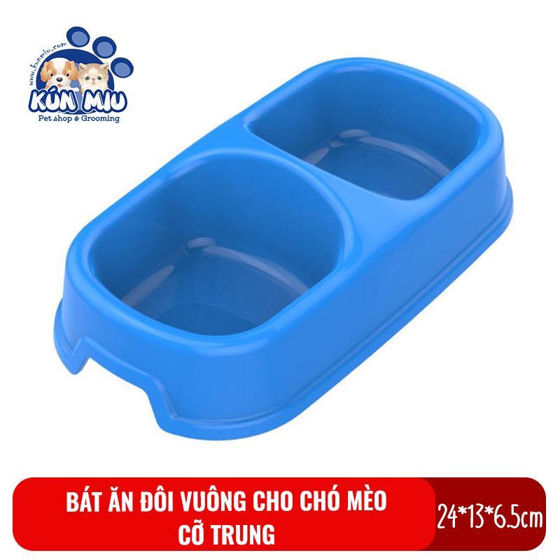 Bát ăn đôi vuông cỡ vừa cho chó mèo Kún Miu - Bát ăn cho thú cưng