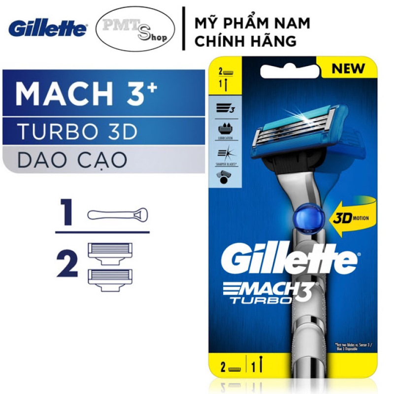 Bộ Dao cạo râu Gillette Mach 3 Turbo 3D 2Up (1 cán dao + 2 đầu cạo) - Mach3 đầu cạo ba lưỡi