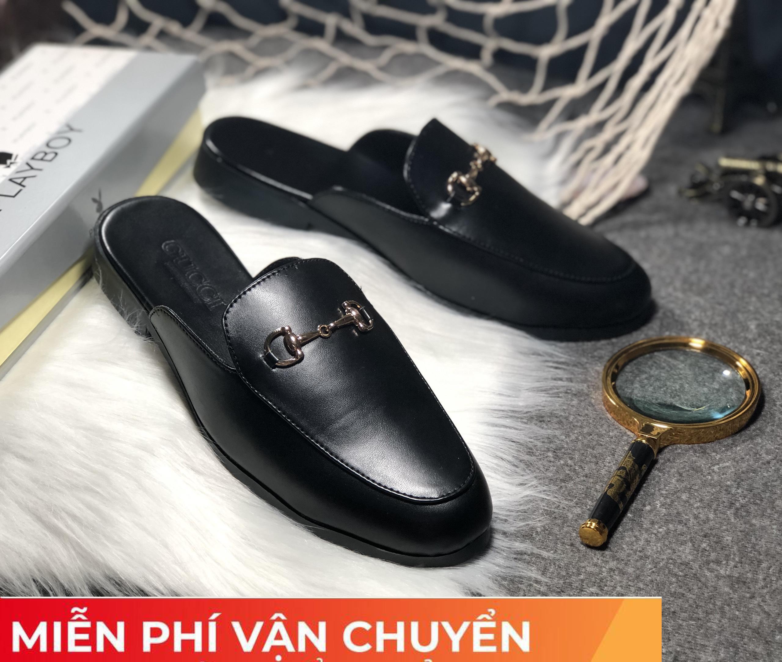 Sục nam Giày sục nam lười da gắn xích gót in chìm GG Shyn Store