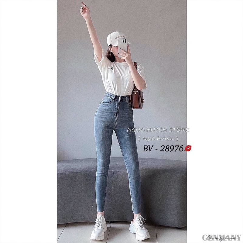 Quần bò cạp cao đai da tôn dáng siêu đỉnh