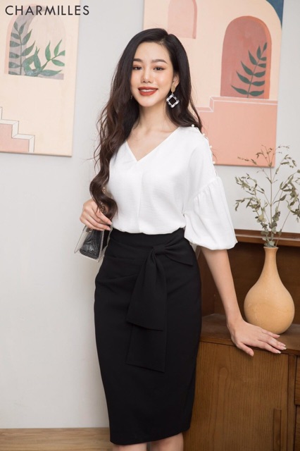 Chân Váy Bút Chì Nơ Dáng Dài Sẻ Sau