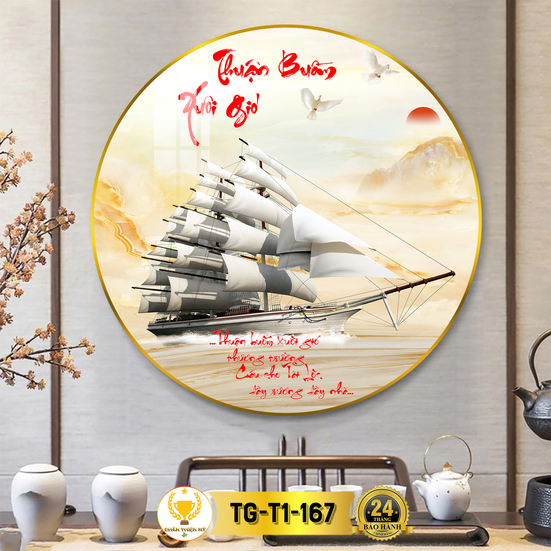 Tranh tráng gương pha lê tròn chân thiện mỹ, tranh decor treo tường trang trí phòng thuận buồm xuôi gió tg-t1-167