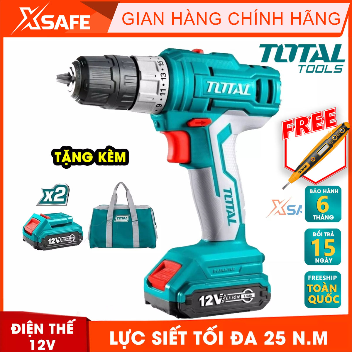 Drill using battery 12v total tdli1222 bundled 2 1.5ah battery 1 charger and 2 nose screw cr-v 65mm. hand drill with force strangle maximum 25 n. m, no-load speed 0 - 350/1350 rpm/min, genuine warranty 3 month-product genuine xsafe