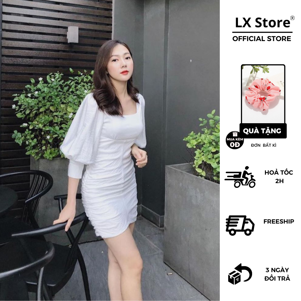 [HCM]Đầm Cổ Vuông Tay Phồng Thân Nhún CHICO (TRẮNG)