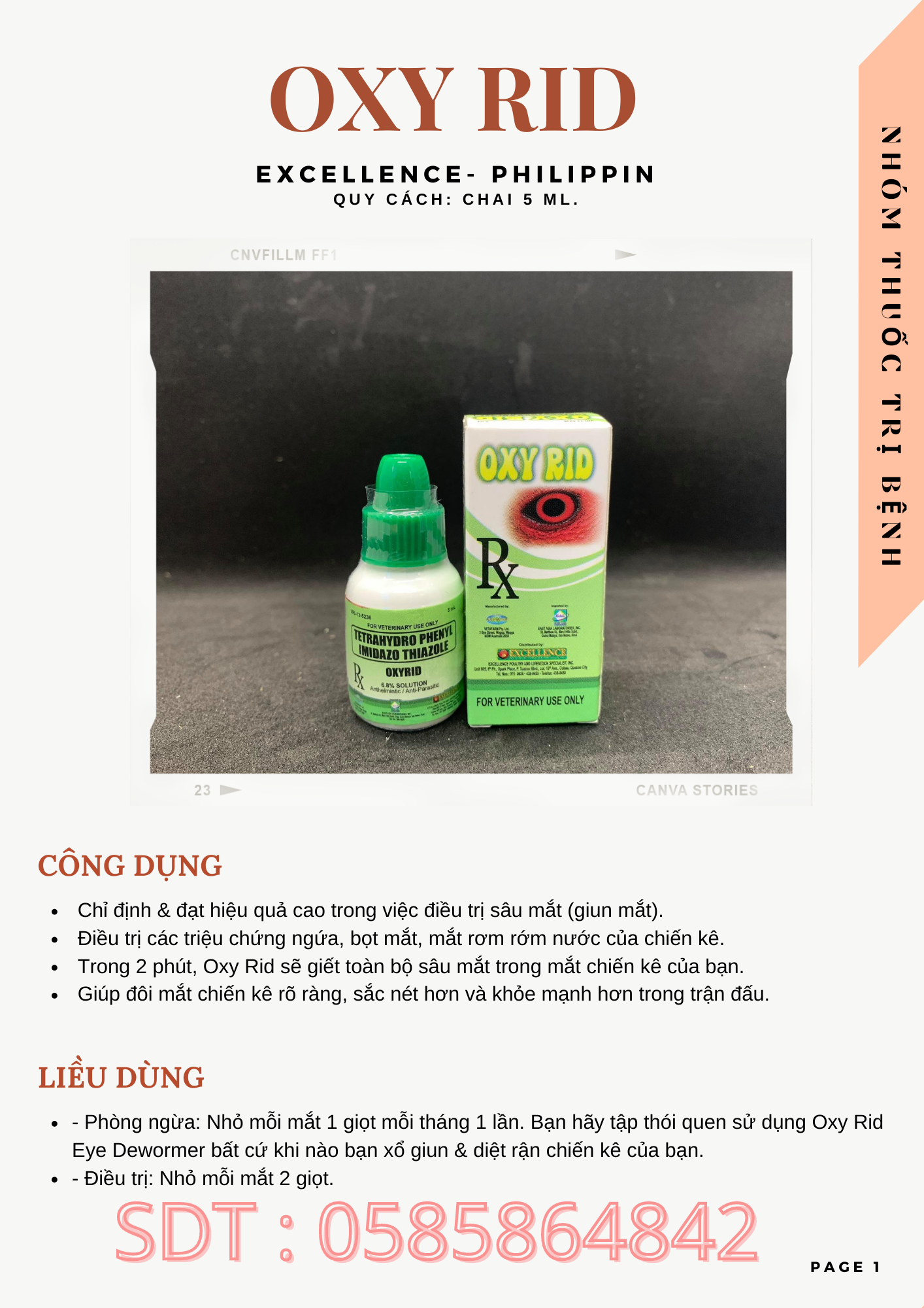 OXY RID TRI SÂU MẮT, GIUN MẮT CHO GÀ ĐÁ CHAI 5ML