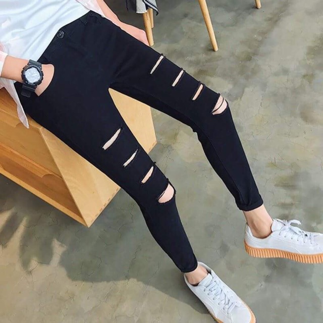 Quần jean nam rách thời trang - chất jean dày co giãn tốt