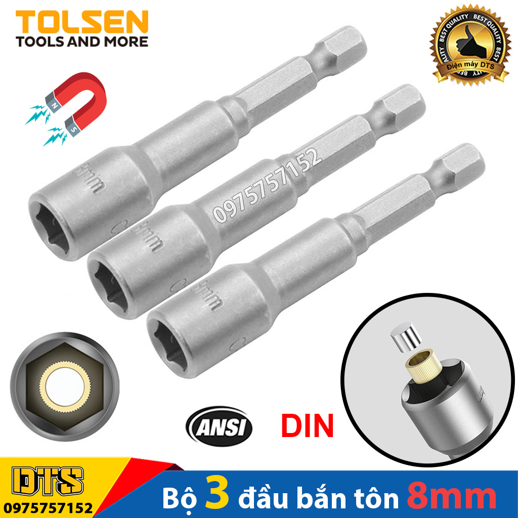 Bộ 3 đầu bắn tôn công nghiệp TOLSEN 8mm, đầu chụp đầu bắn bulong có nam châm hút dài 65mm hàng cao cấp tiêu chuẩn Châu Âu, đầu vít bắn tôn 8mm, đầu bắn vít ốp lam, đầu chụp bắn tôn, đầu bắt vít tôn, đầu bắn tôn 8mm