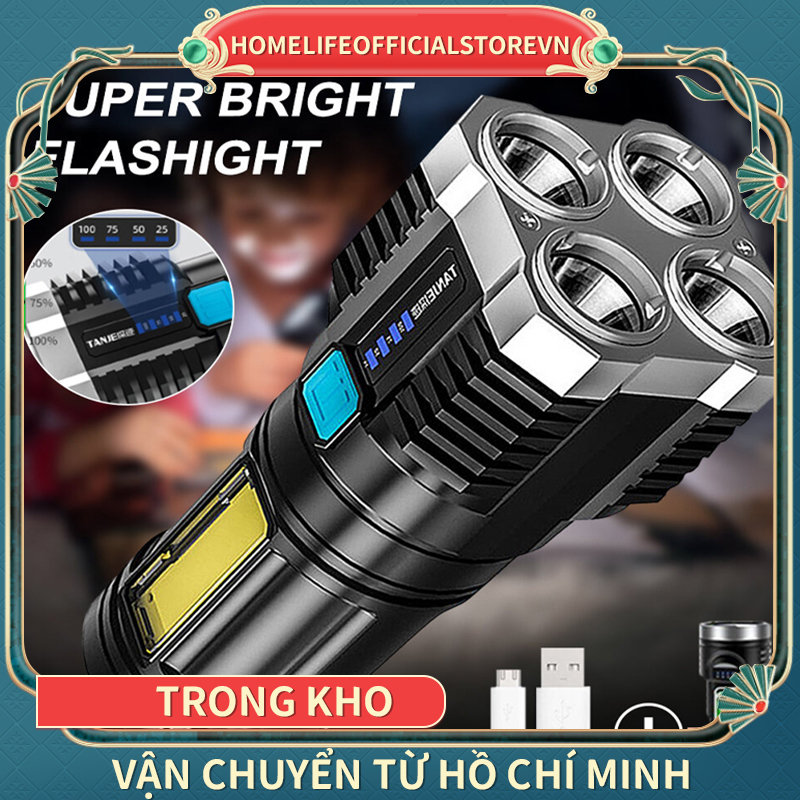 Đèn pin LED công suất cao 4 chế độ chuyển đổi Đèn pin xenon siêu sáng Ngoài trời Đèn chiếu sáng từ xa nhỏ USB Đèn pin LED có thể sạc lại