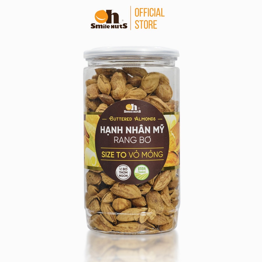 Hạt Hạnh Nhân Rang bơ Mỹ Smilenuts hộp 350g _ Hạnh nhân Mỹ nguyên vỏ size lớn, vỏ mỏng, rang bơ thơm ngọt, béo bùi _ Hạnh nhân Mỹ rang bơ cao cấp theo tiêu chuẩn Mỹ