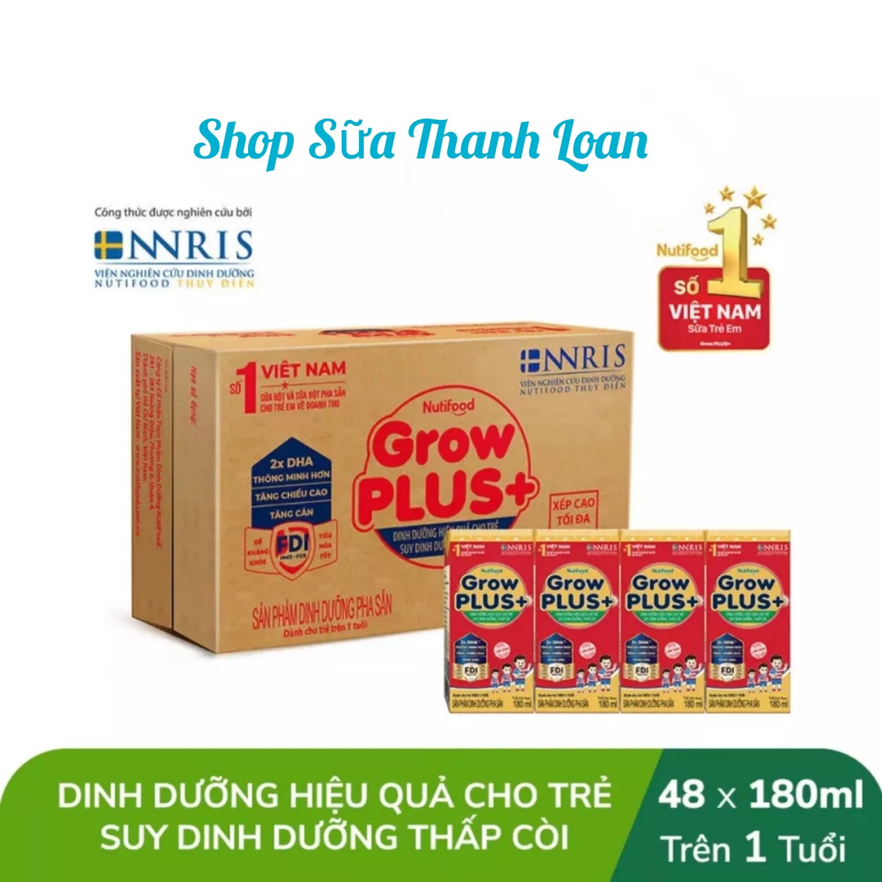 (HSD T3-2025) Thùng 48 hộp Sữa Pha Sẵn NutiFood Grow Plus+ SDD 180ml {Đỏ}.