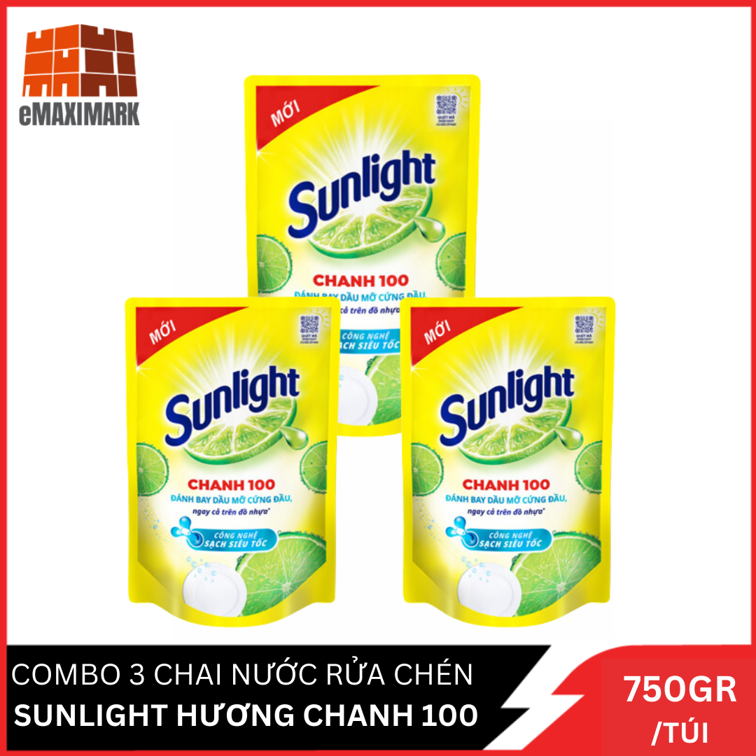 Combo 3 nước rửa chén sunlight chanh 100 túi 750g