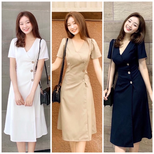 Đầm cổ v nút dừa 3 màu