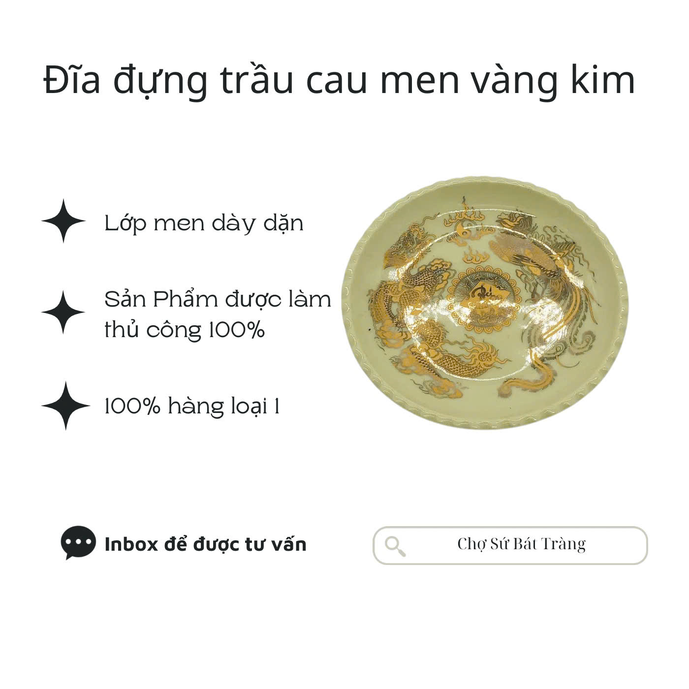 Đĩa đựng trầu cau men vàng kim long phụng - Hàng loại 1 - Chợ Sứ Bát Tràng