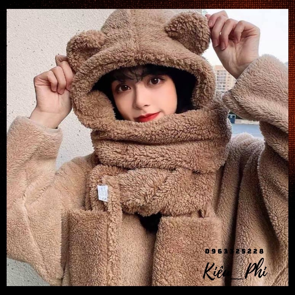 Mũ Len Lông cừu Tai Gấu Chụp đầu Giữ ấm Mùa Đông Dễ thương Ulzzang Hàn Quốc Mũ Tai gấu Chụp đầu Choàng cổ