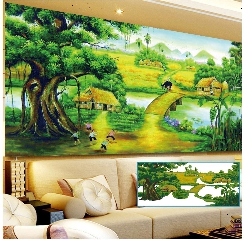 Tranh đính đá làng quê 160x75cm chưa đính